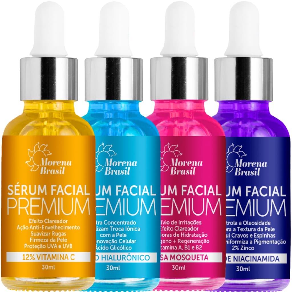 Kit Séruns Faciais Morena Brasil – Vitamina C, Ácido Hialurônico, Niacinamida e Rosa Mosqueta
