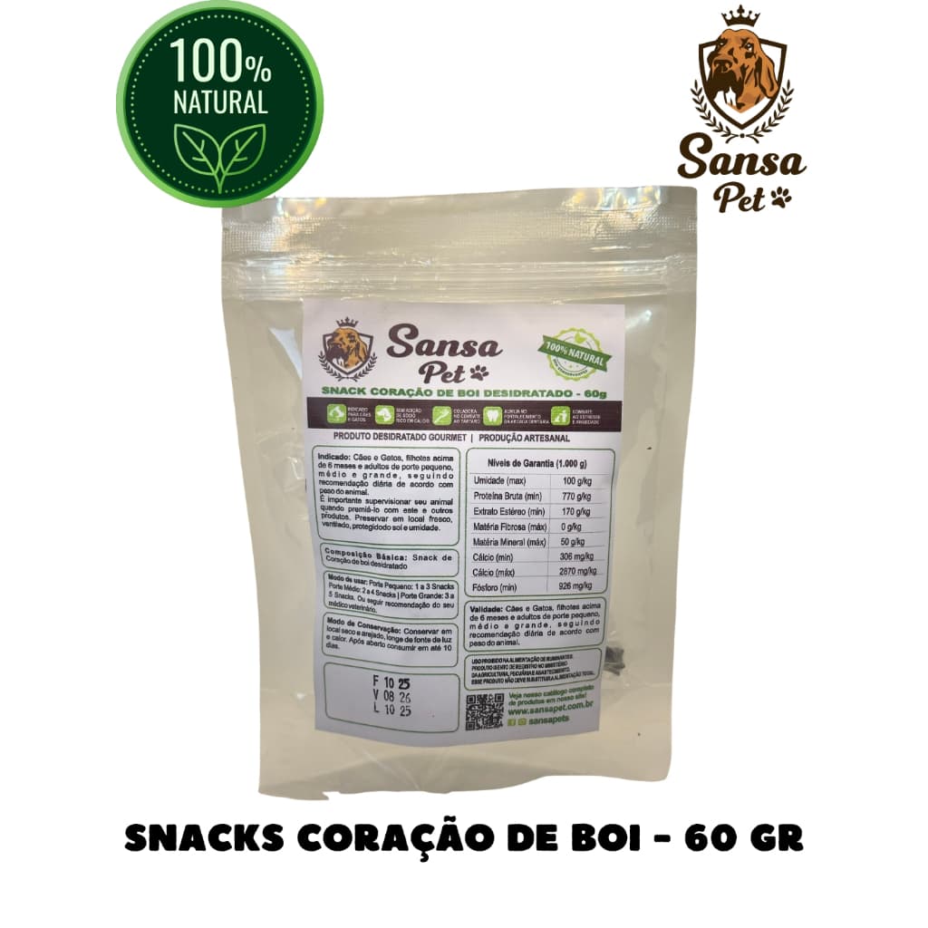 Snack Petisco Coração de Boi Desidratado 100% Natural Saudável Pet Cachorro Adestramento - 60 g