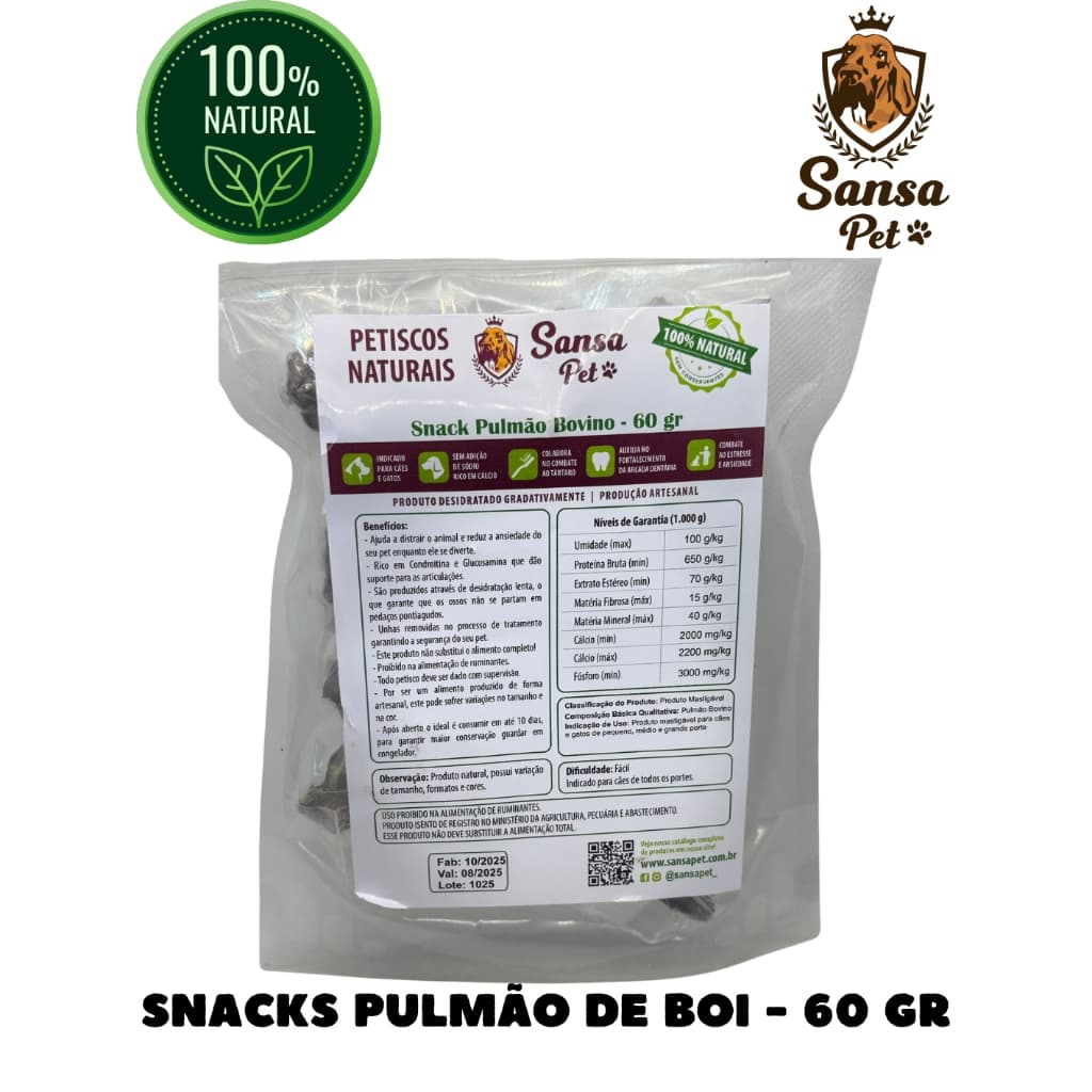Snack Petisco Pulmao de Boi Desidratado 100% Natural Saudável Pet Cachorro Brinquedo Biscoito  - 60g