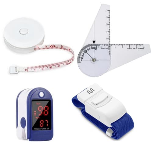 Kit Goniômetro Pequeno + Trena + Oxímetro Dedo + Garrote Elástico | Fisioterapia/Enfermagem/Saúde