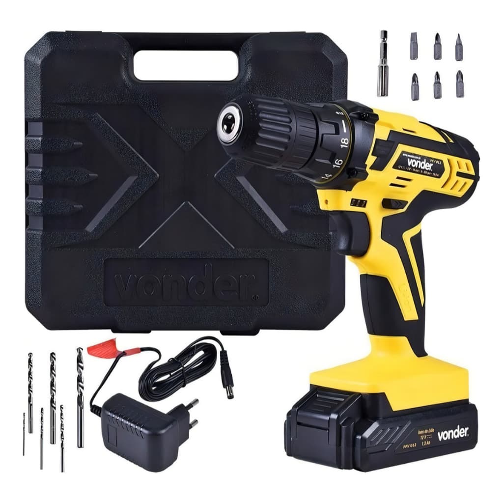 Furadeira Parafusadeira A Bateria 12v Pfv012 Com kit Brocas e Bits Completa Vonder