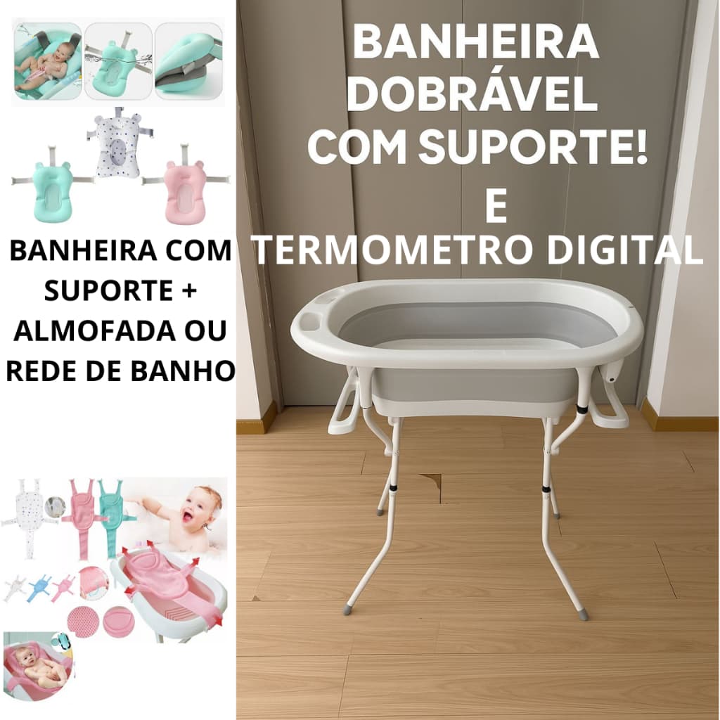 Banheira com suporte e termômetro acompanha almofada ou rede de banho bebe