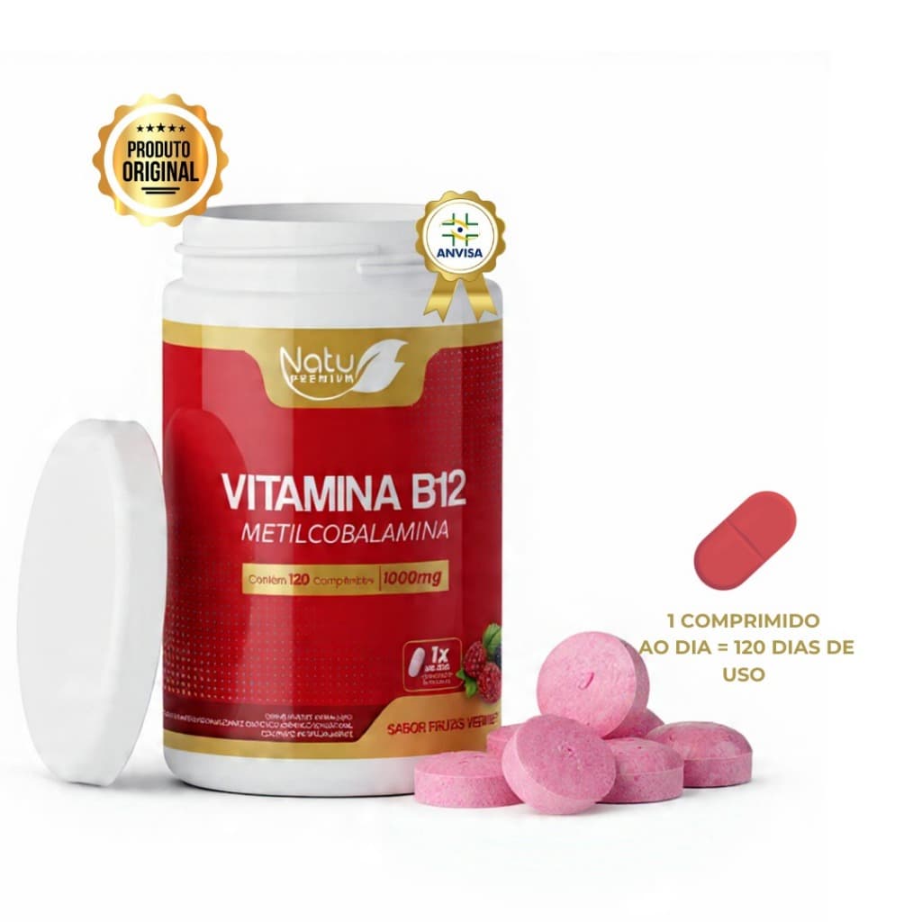 Vitamina B12 1.000mcg (Metilcobalamina)120 pastilhas sublingual - Frutas Vermelhas NatuPremium