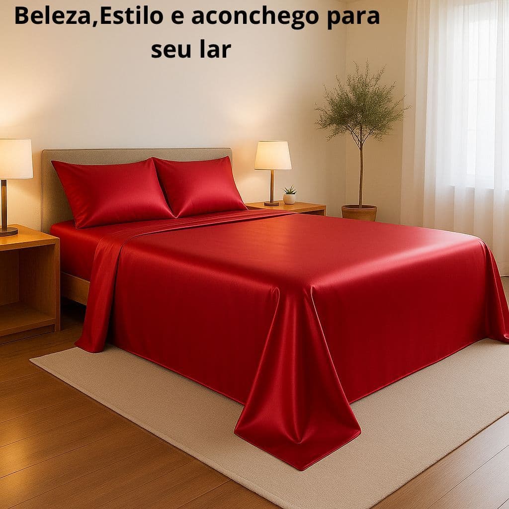 Jogo de Lençol 4 Peças Casal Queen King-size Cetim Leve Macio Anti-frizz Liso Rosa Vermelho