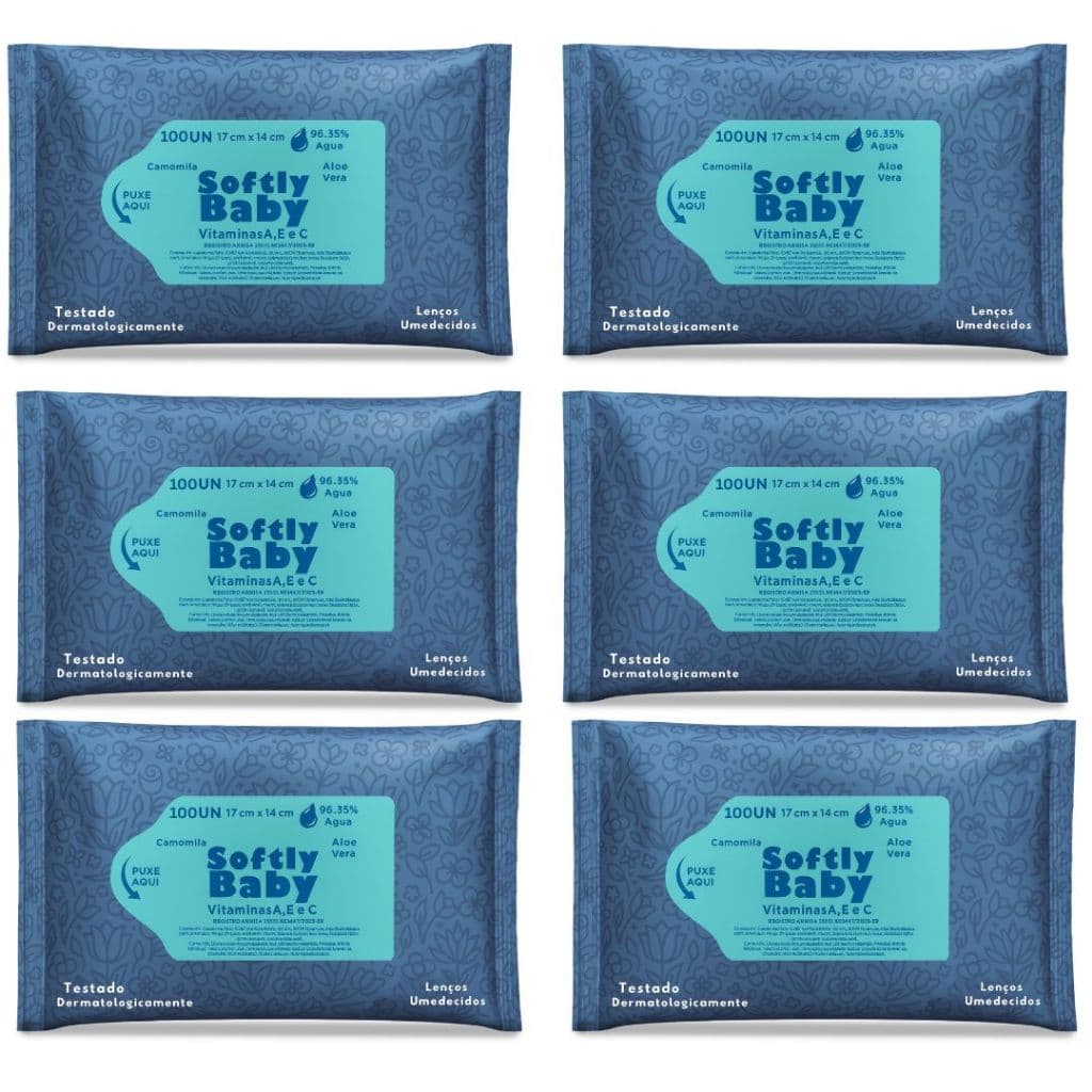 600Un Lenço Umedecido Baby Softly com Vitaminas A, E, C, Aloe Vera e Camomila