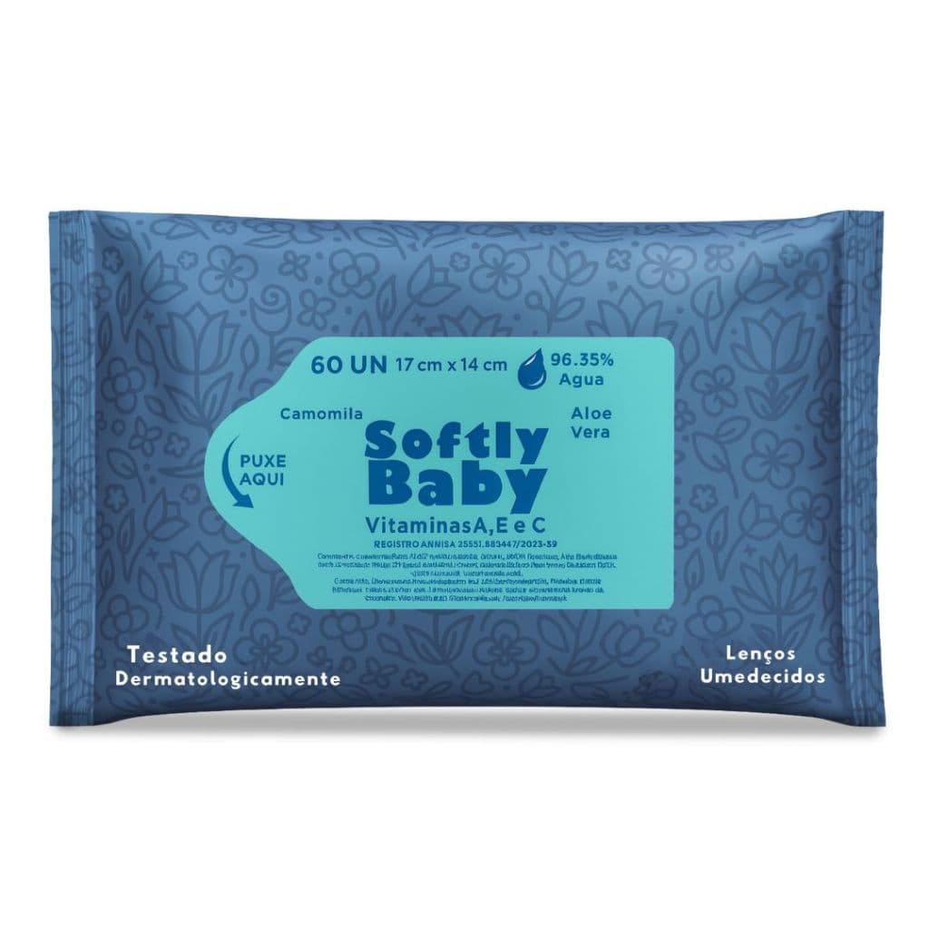 60Un Lenço Umedecido Baby Softly Com Vitaminas A E C Camomila e Aloe Vera
