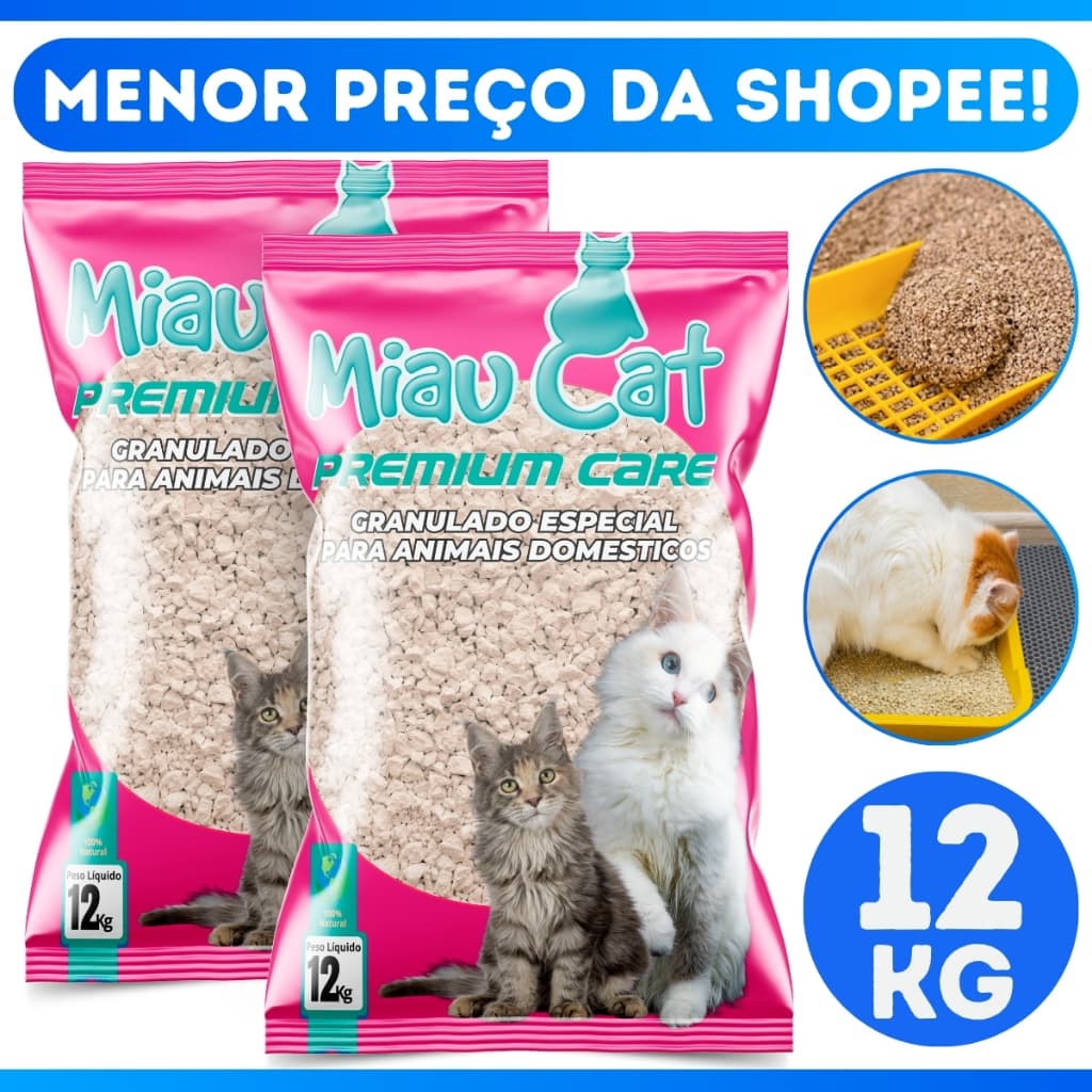 Areia Sanitária para Gatos 12KG MiauCat Forma Torrões Biodegradavel Grãos Finos Premium Higiênica