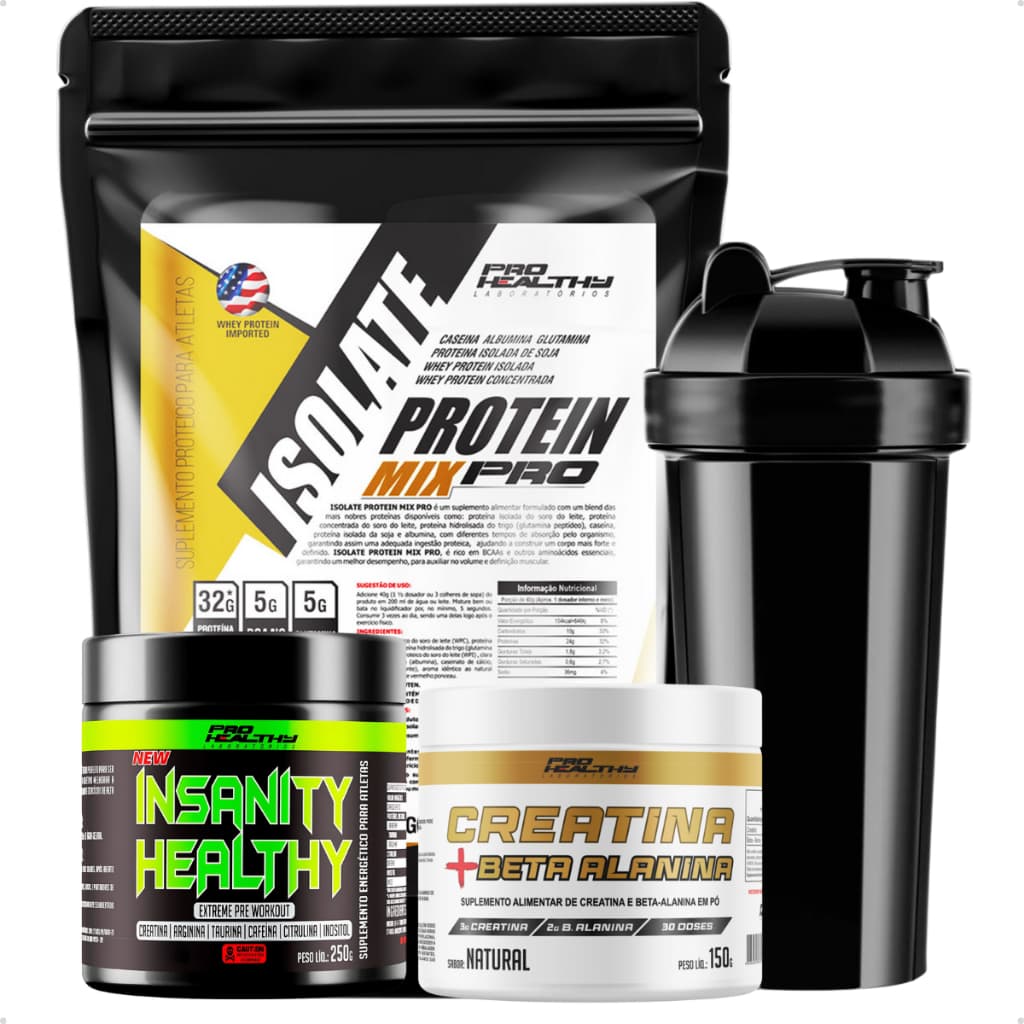 Kit Treino Isolate Whey 900g + Creatina Beta alanina + Pré Treino Insanity e Brinde Pro Healthy