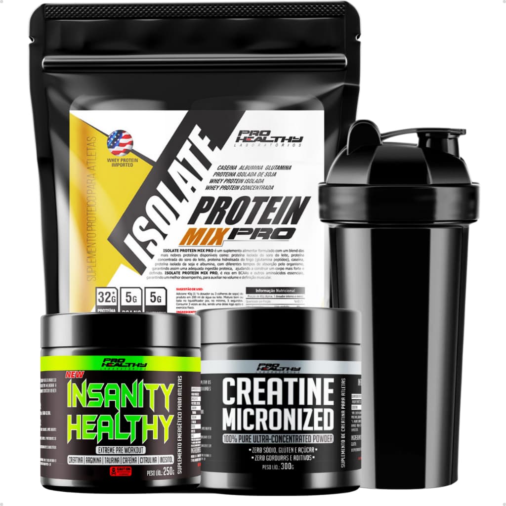 Kit Whey Isolate + Pré Treino Insanity + Creatina Micronizada e Brinde Pro Healthy