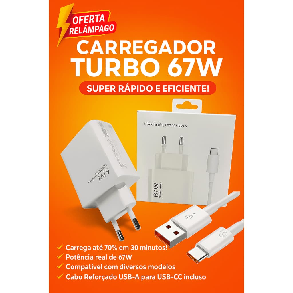 Carregador Rápido Turbo 67W - Super Rápido e Eficiente