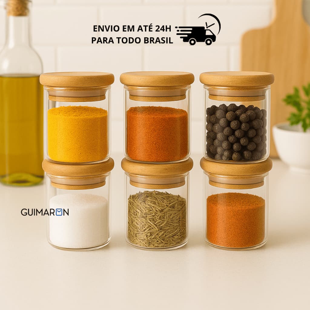 Kit 6 Potes de Vidro 200ml com Tampa de Bambu Hermético Mantimentos Condimentos Empilhaveis