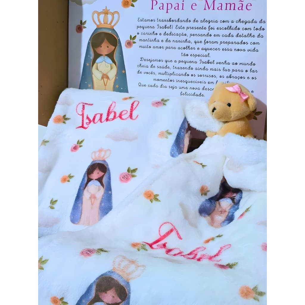 Kit Manta e Naninha Nossa Senhora de Fátima Personalizado Com Nome Enxoval Bebê