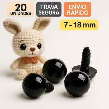 Olhos de Segurança Pretos para Amigurumi com Trava Reta Kit 10 Pares 7mm a 27mm Boneca Crochê