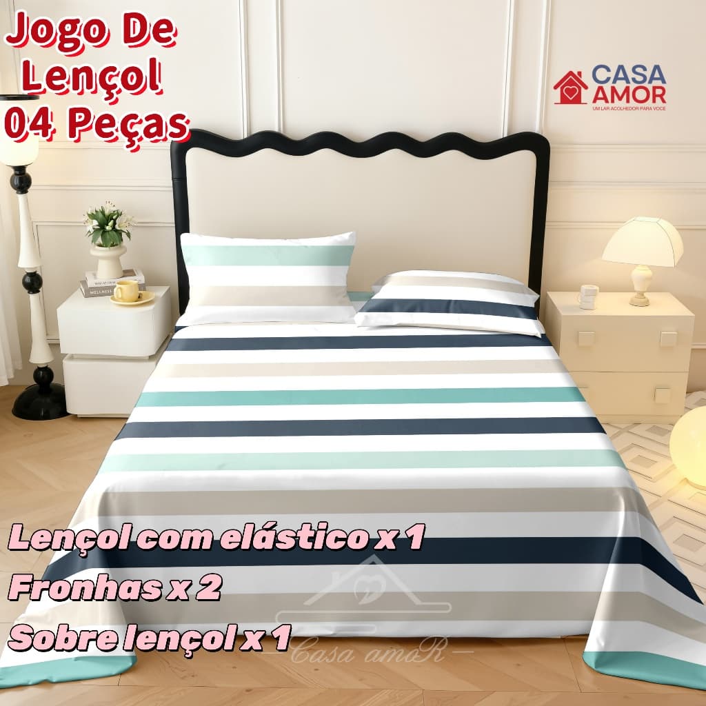 Solteiro Casal Queen Listras Brancas Jogo 3 e 04 Peças Lençol Sobre lençol Fronha Micropercal Estampado Não Desbota