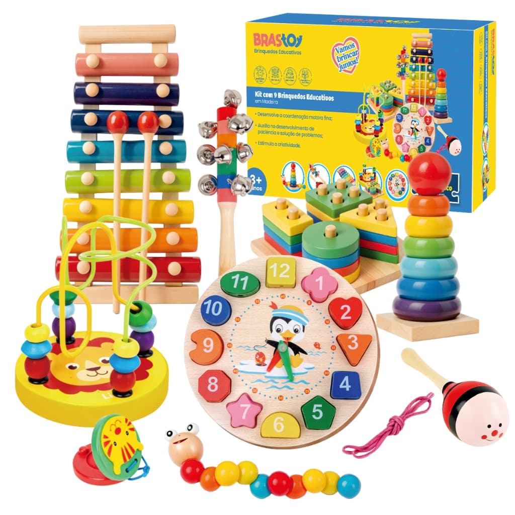 Kit de 9 brinquedos educativos de madeira multisensoriais para educação infantil