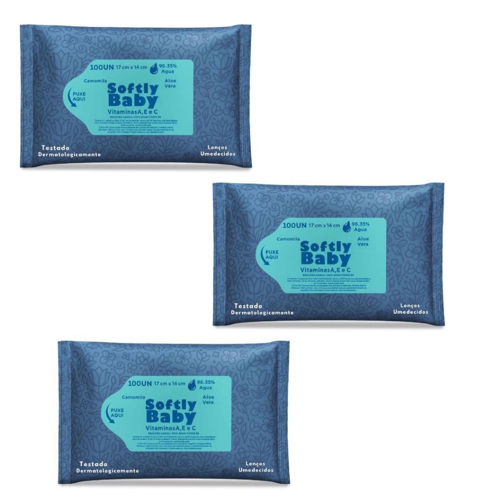 300Un Lenço Umedecido Baby Softly com Vitaminas A, E, C, Aloe Vera e Camomila