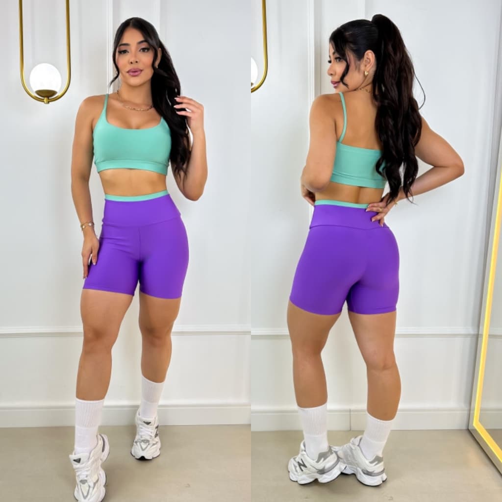 Conjunto Fitness Bicolor Feminino Short e Top Bojo Removível Academia Roupa De Malhar Suplex Premium