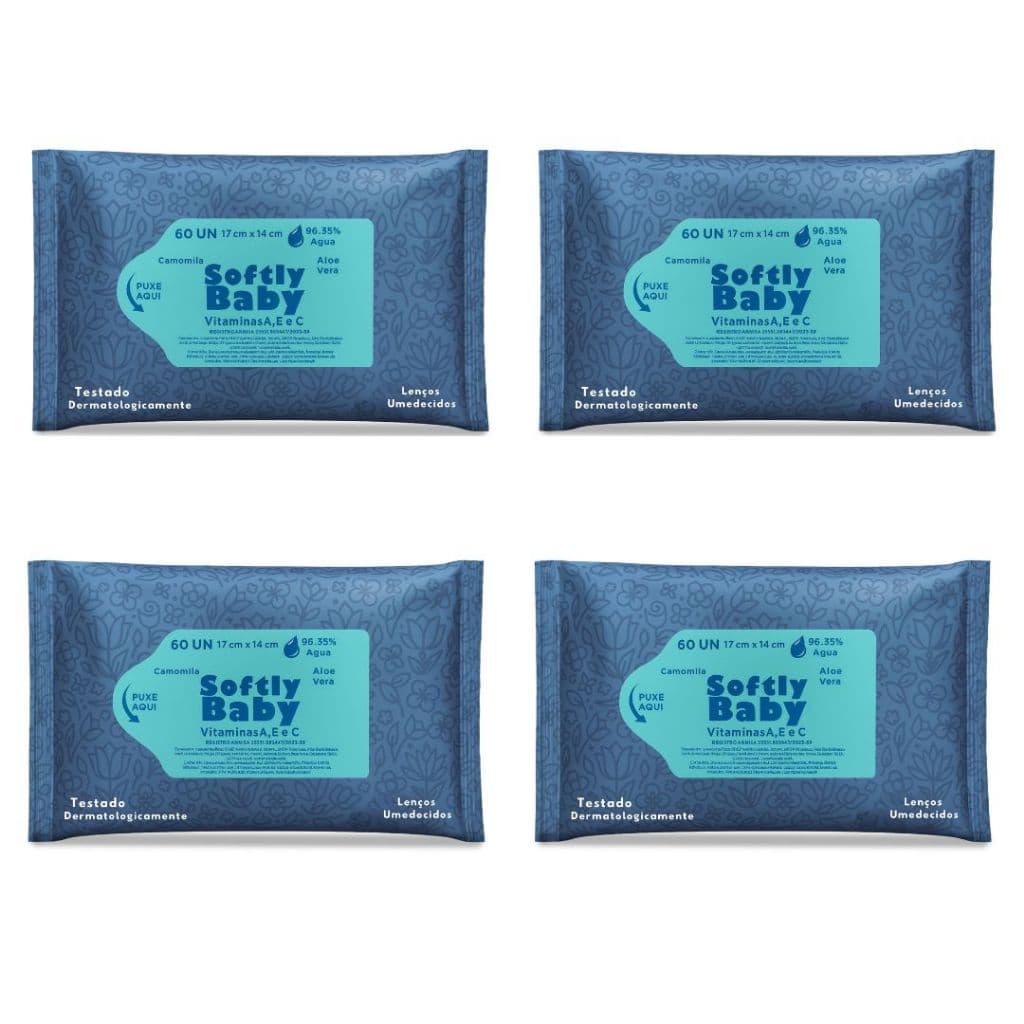240UN Lenço Umedecido Baby Softly Vitaminas A, E e C Aloe Vera, Camomila - 4 pacotes com 60 unidades