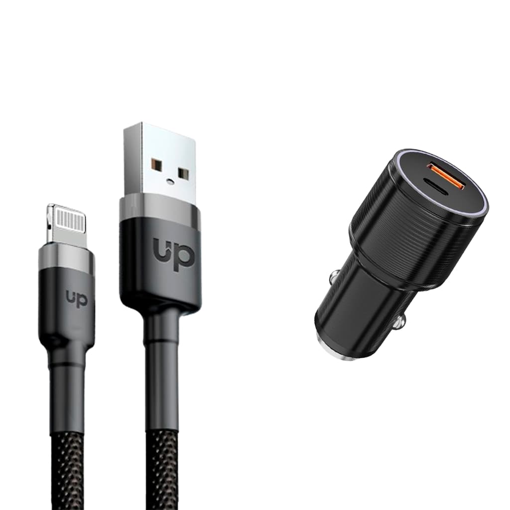 Kit Cabo Lightning / USB-A + Carregador Veicular USB-C e USB-A - UP Electronics Carregamento Rápido