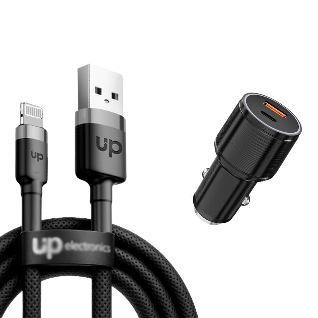 Kit Cabo Lightning 2 metros + Carregador Veicular USB-C USB-A - UP Electronics Carregamento Rápido