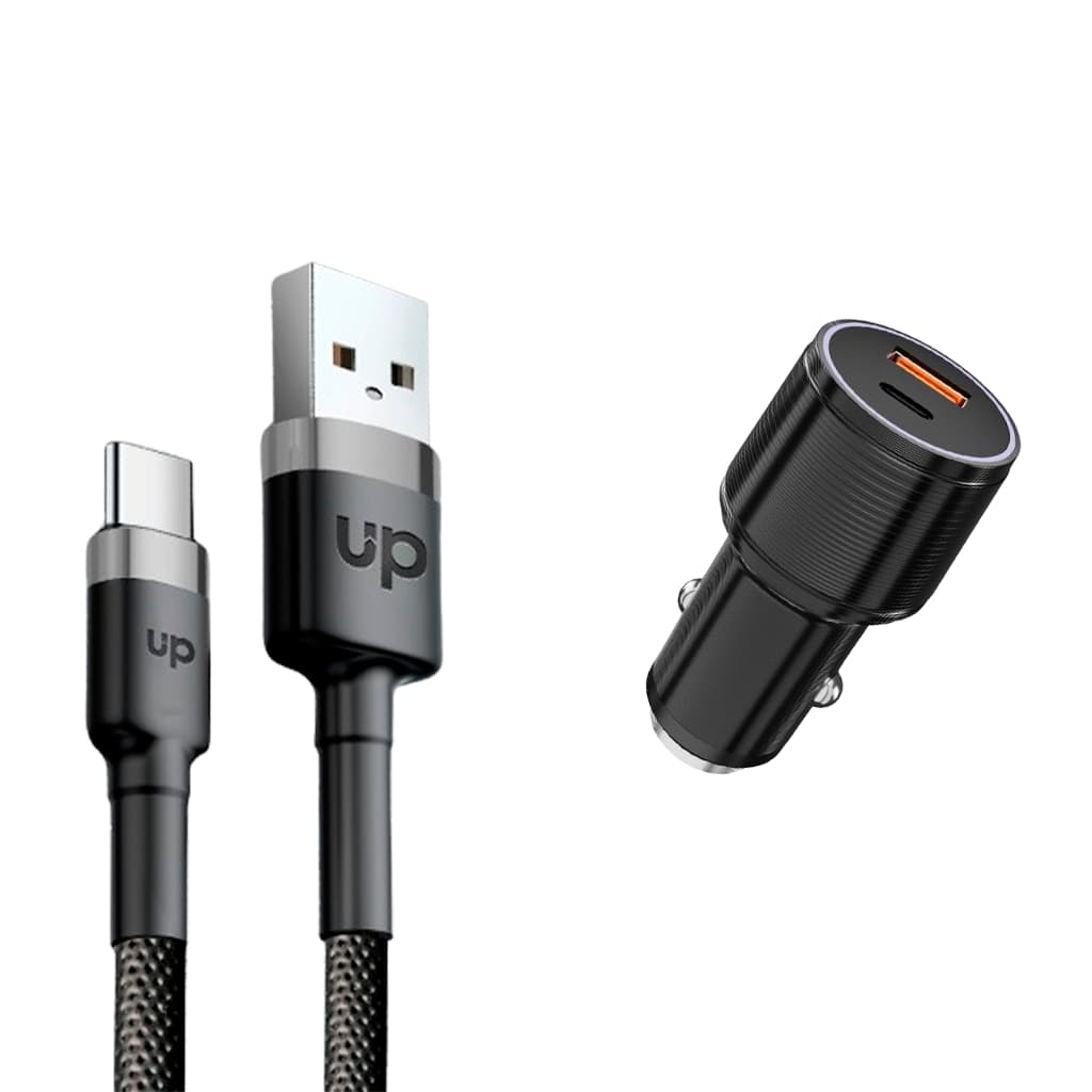 Kit Cabo USB-C / USB-A + Carregador Veicular USB-C e USB-A - UP Electronics Carregamento Rápido