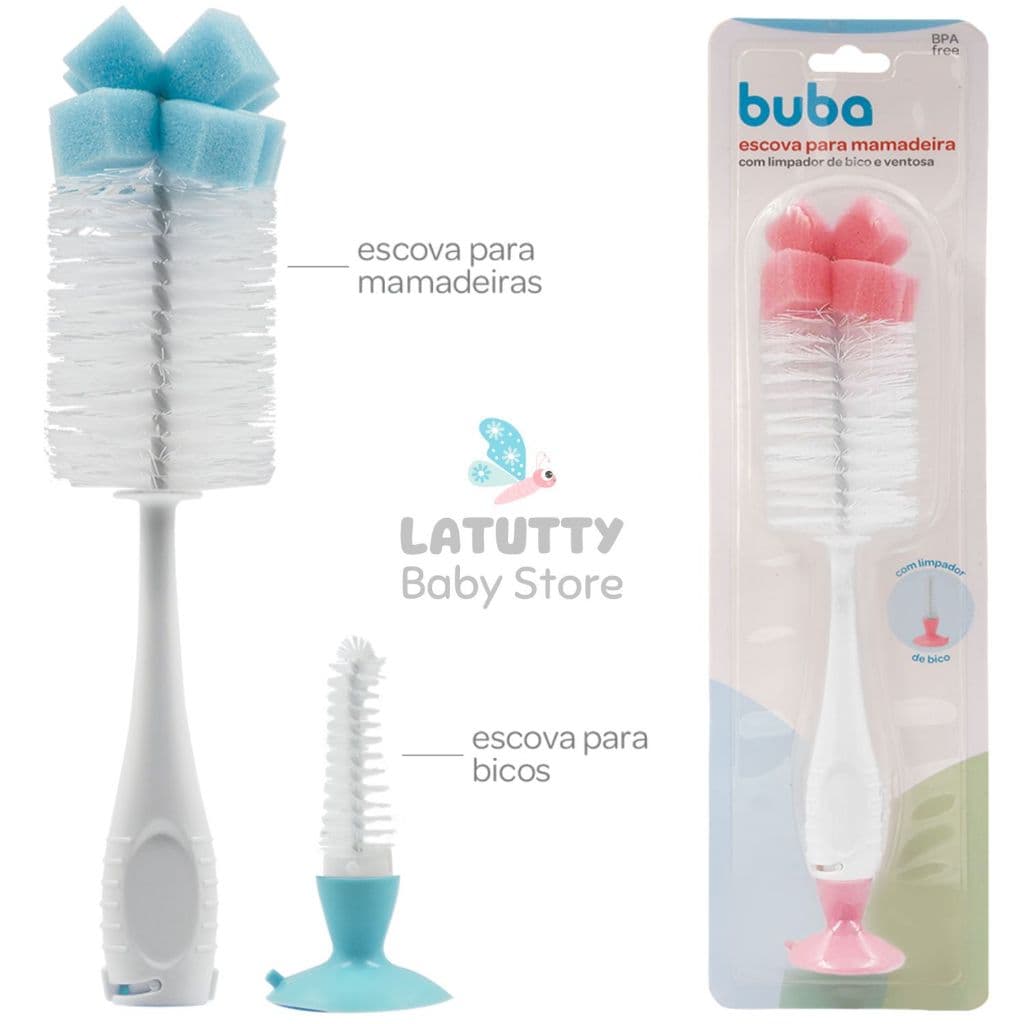 Escova de Mamadeira e Bico Buba com Ventosa e Esponja Azul Rosa Cinza