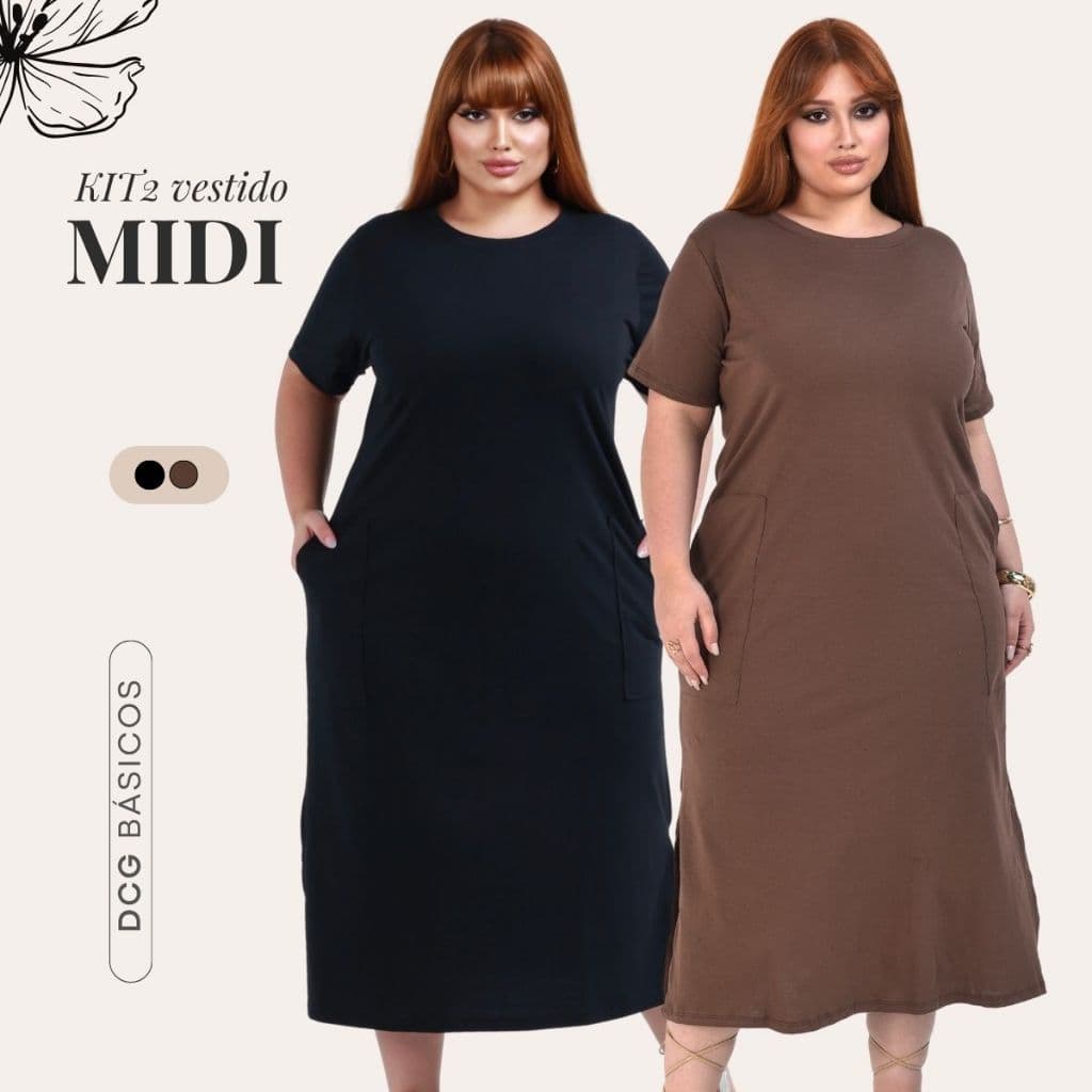 Kit 2 Vestido Feminino Plus Size Gola Redonda Manga Curta Com Bolso Soltinho M ao G3