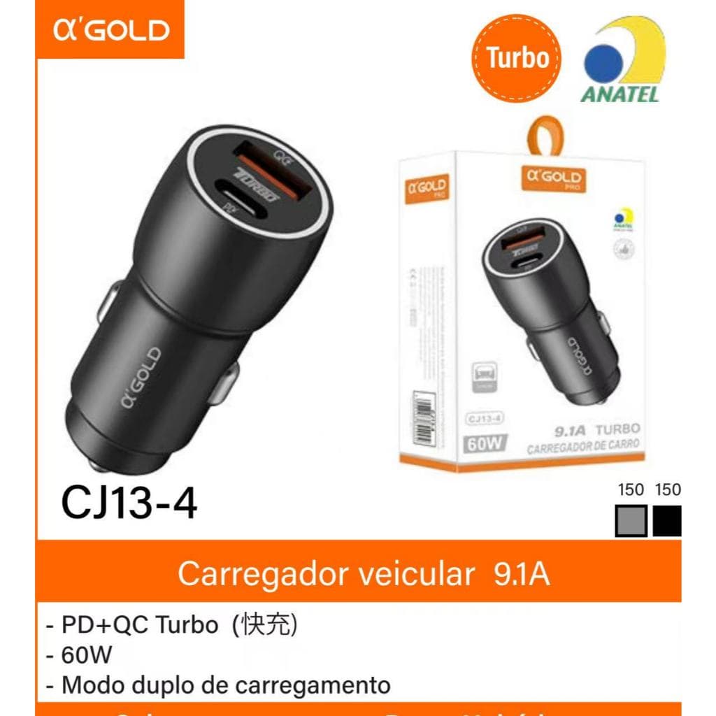Carregador Veicular turbo TIPO C + USB 60W e 9.1A Turbo Carregamento rápido/Universal