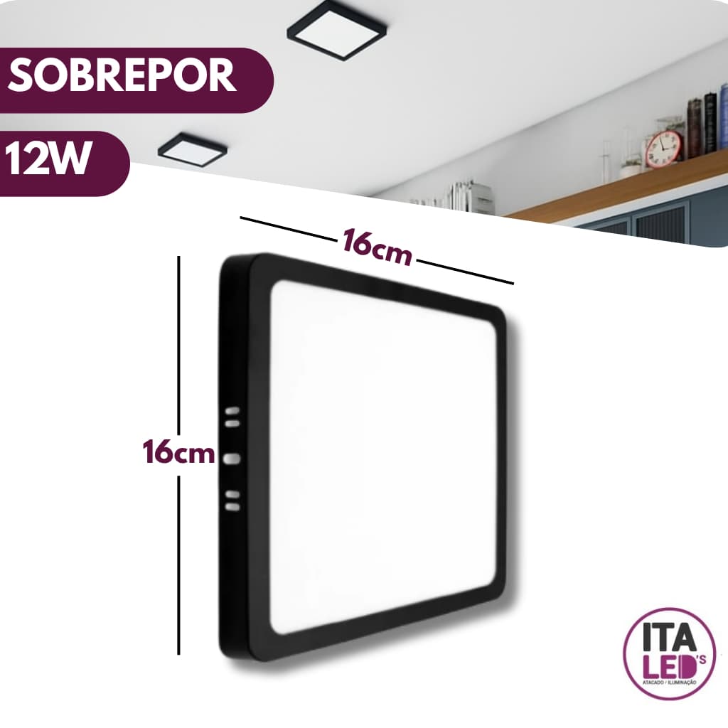Luminária Painel Plafon Led 12W Preto Quadrado Sobrepor Branco Frio 6500K Bivolt