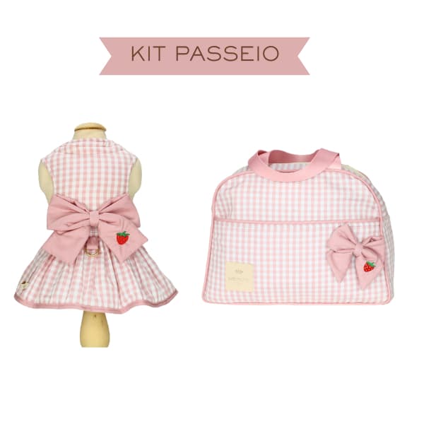 Kit Passeio Pet Pata Chic Moranguinho – Vestido com Laço e Guia + Bolsa de Mão Pet Organizador