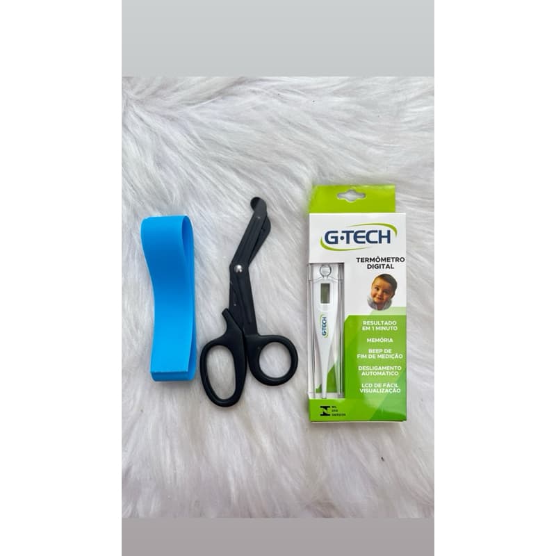 kit Enfermagem/Saúde/rosa/azul/preto- tesoura ponta romba/garrote emborrachado/termometro digital GTech