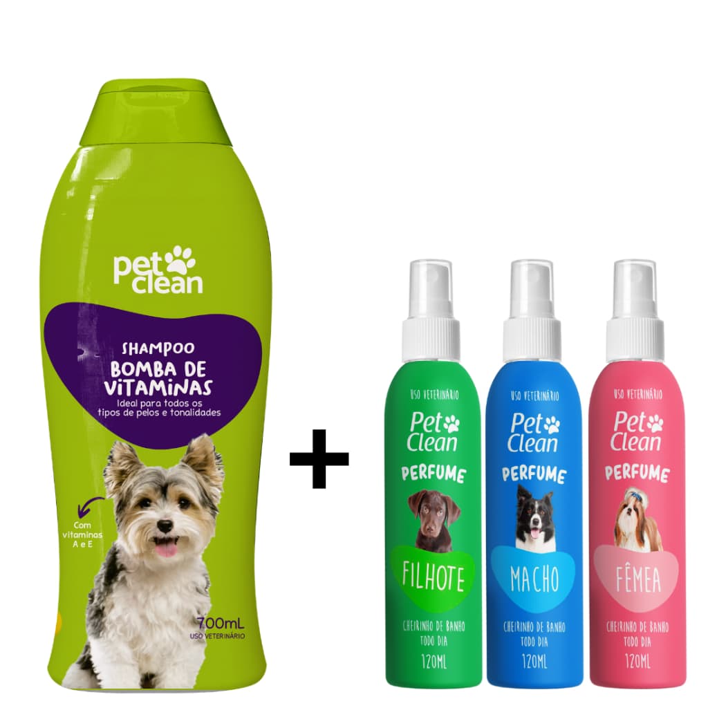 Kit Shampoo Bomba Vitamina + Perfume para Cães e Gatos Pet Clean