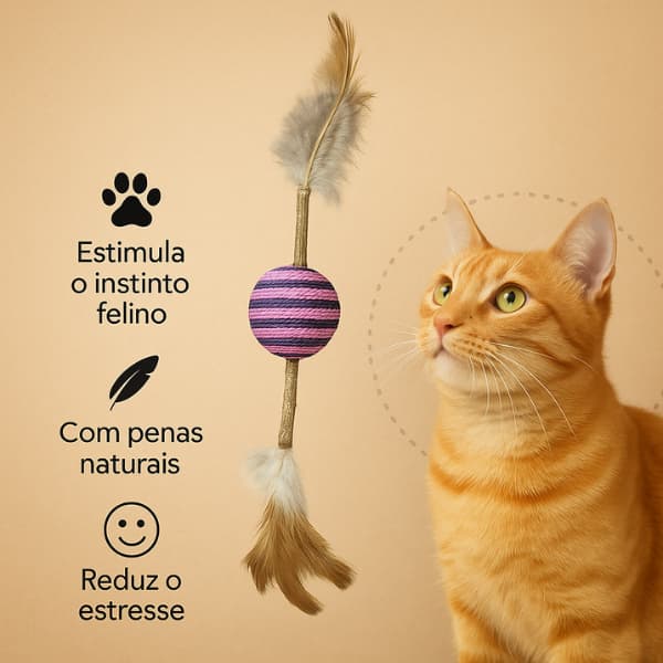 Brinquedo Interativo para Gatos Bola de Poliéster com Haste de Madeira e Penas  25x4cm