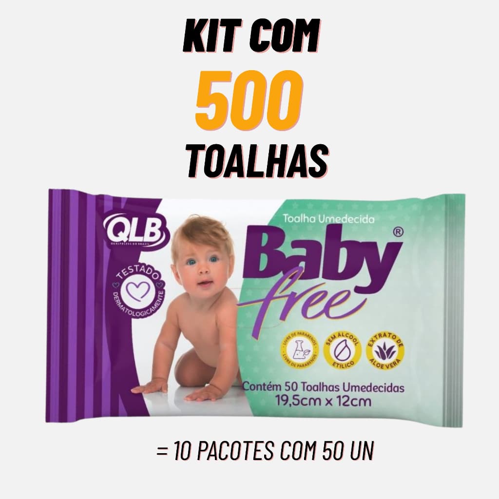 Kit 10 Lenços Umedecidos BabyFree Pacotes 50un Total 500 Toalhas Aloe Vera Hipoalergênico Sem Álcool