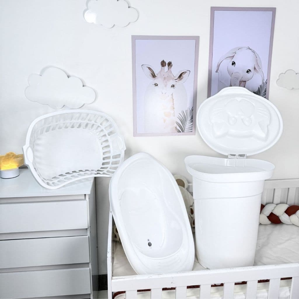 Kit Banho e Organização Bebê 3 Peças – Cesto 36L, Cesto 25L e Banheira 22L