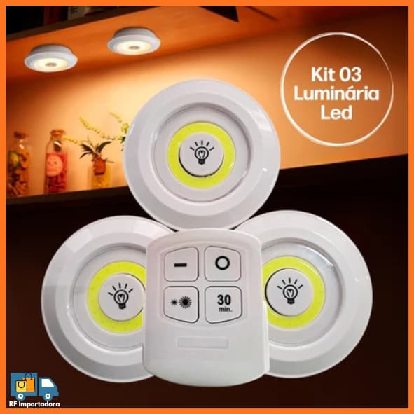 Kit 3 Lâmpadas Luminária De Led Spot Sem Fio Controle Remoto Cor Branco Pilha AAA