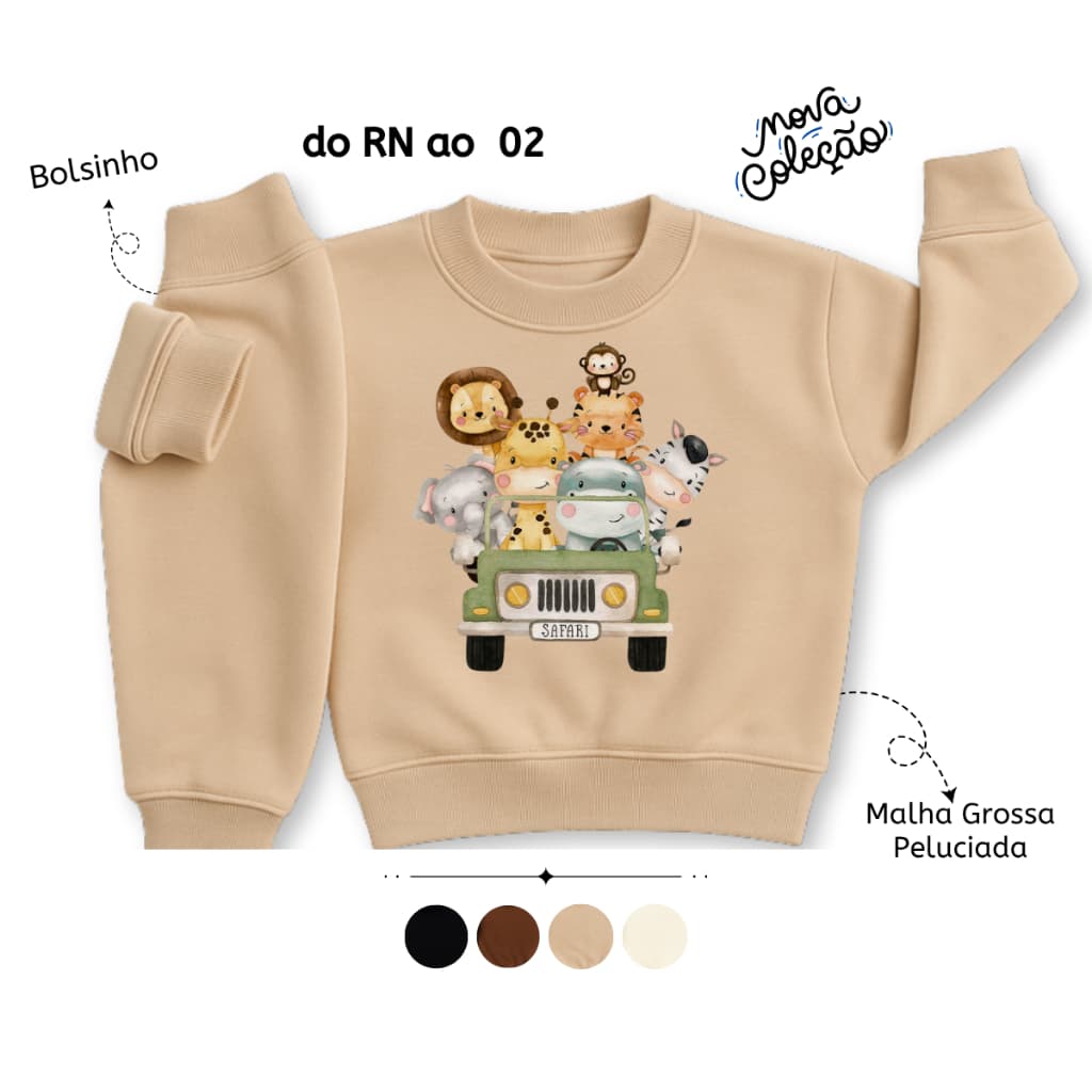 Conjunto Moletom Roupa de Frio Infantil Bebê Moletom Grosso Menino Tema Safari