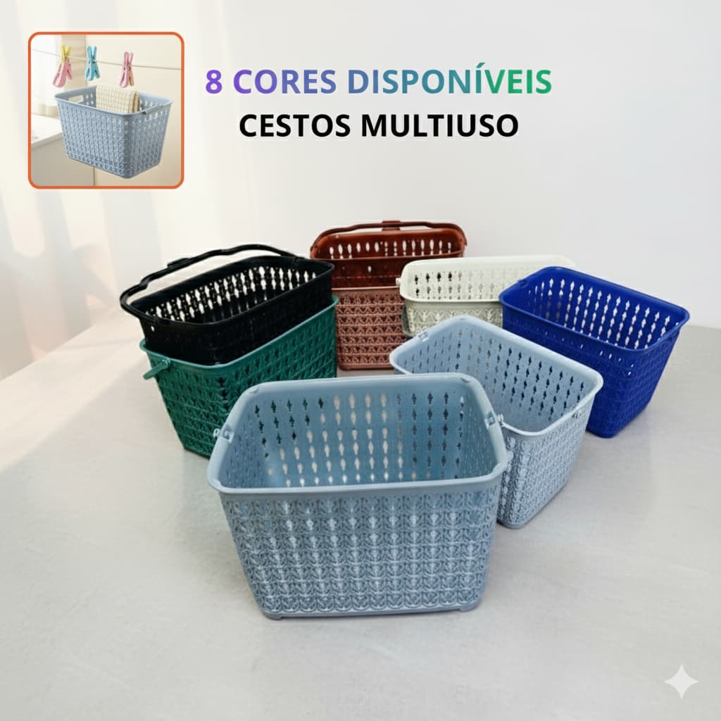 Cesto Multiuso com Alça Plástico Reforçado Organizador Lavanderia Banheiro Cozinha prendedor grampo