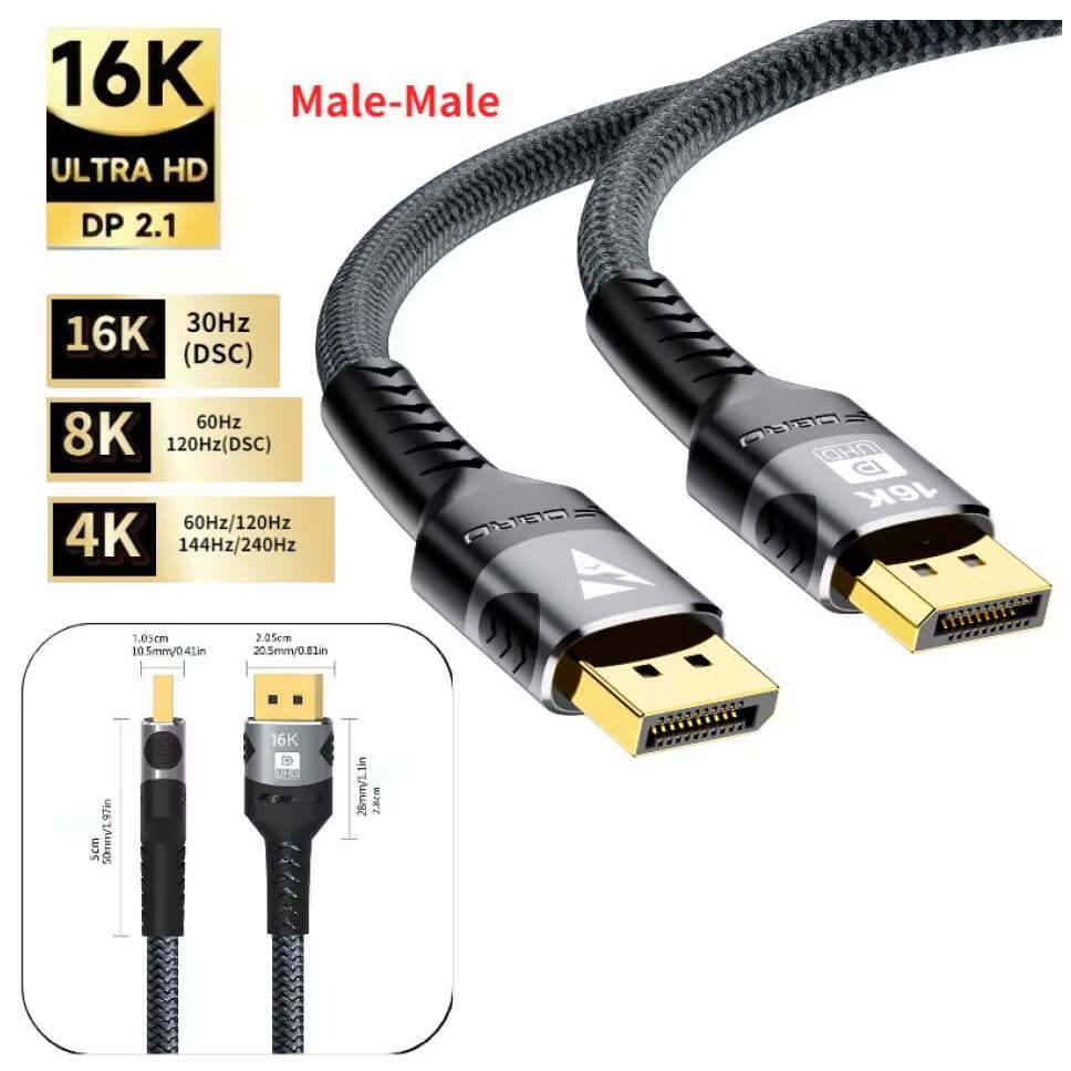 Cabo DisplayPort 2.1 DP para DP suporta 16K @ 30Hz, 8K @ 60Hz, 4K @ 240Hz  TOP para Monitor Gamer