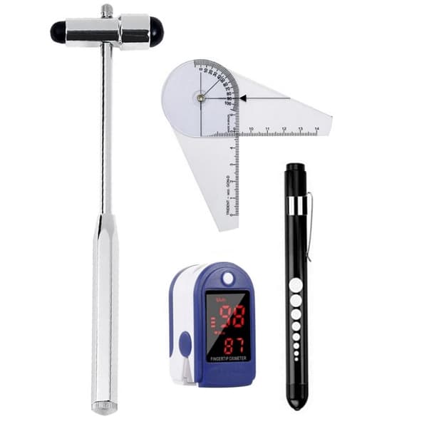 Kit Goniômetro Pequeno + Martelo + Oxímetro Dedo + Lanterna Clínica | Fisioterapia Enfermagem Saúde