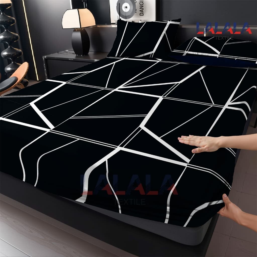 Preto Geometria Jogo De Lençol 02 e 03  Peças CASAL QUEEN Percal Ponto Palito Estampado SOLTEIRO