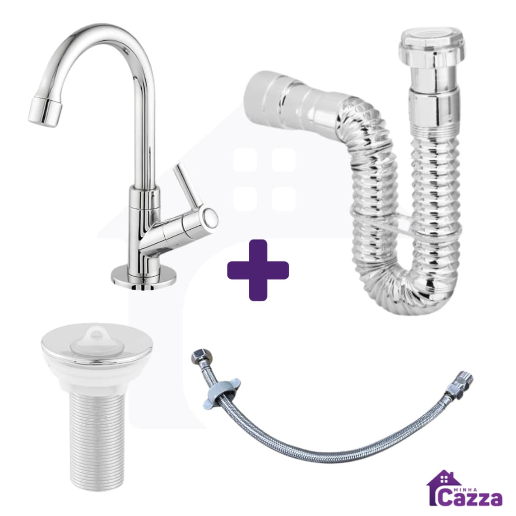 Kit Completo para Cuba de Banheiro Torneira cromado ABS Válvula 7/8 Sifão e Engate Flexível 40cm