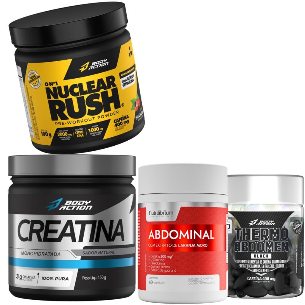 Kit Pré Treino Nuclear Rush + Thermo Abdomen Black + Creatina + Abdominal Dia