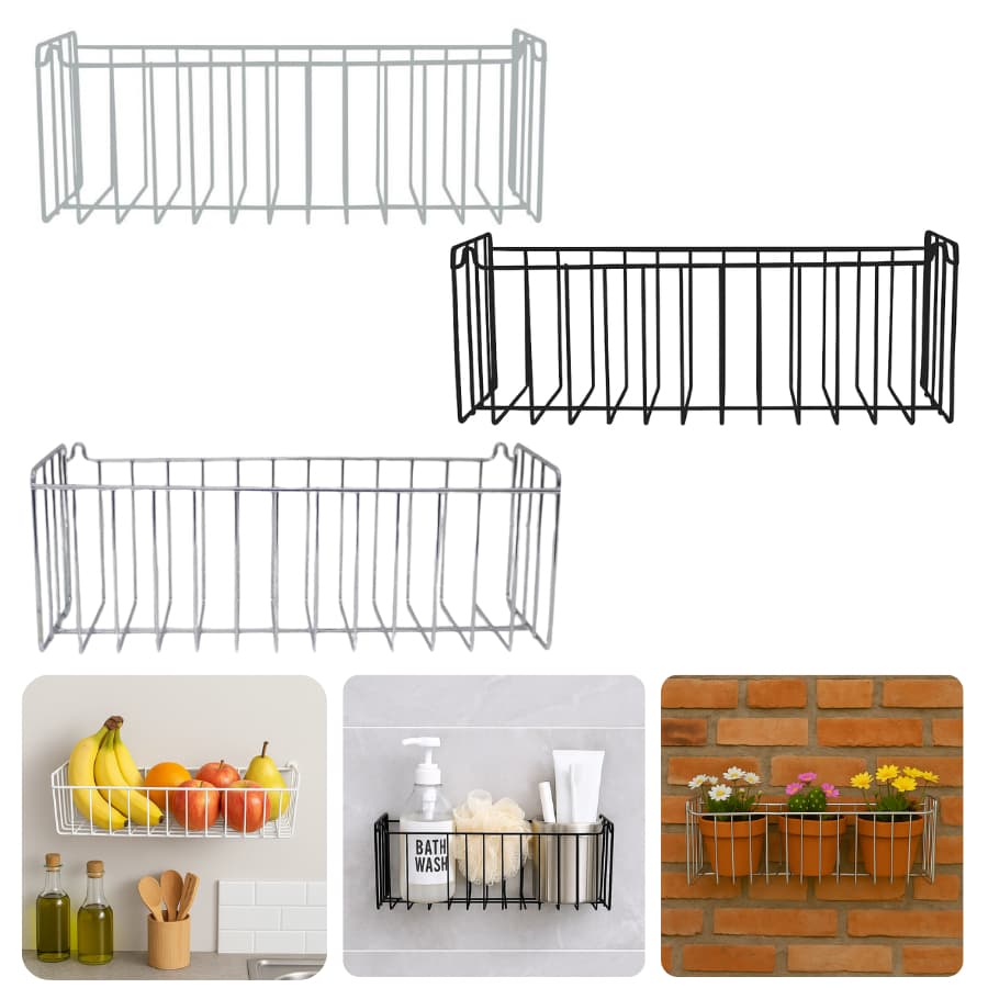 Cesto Multiuso Aramado De Parede 30x11 Fruteira Banheiro Lavanderia Organizador Preto Branco Cromado