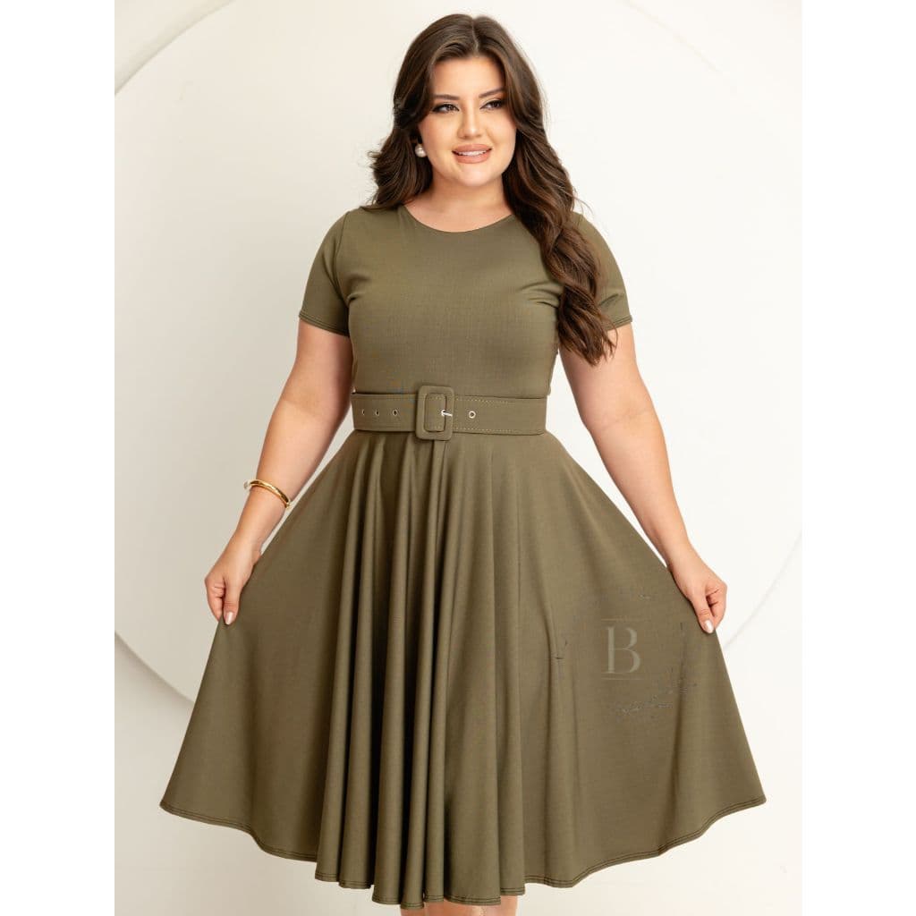 Vestido Midi Feminino Godê Suplex com Cinto Moda Feminina Evangélica