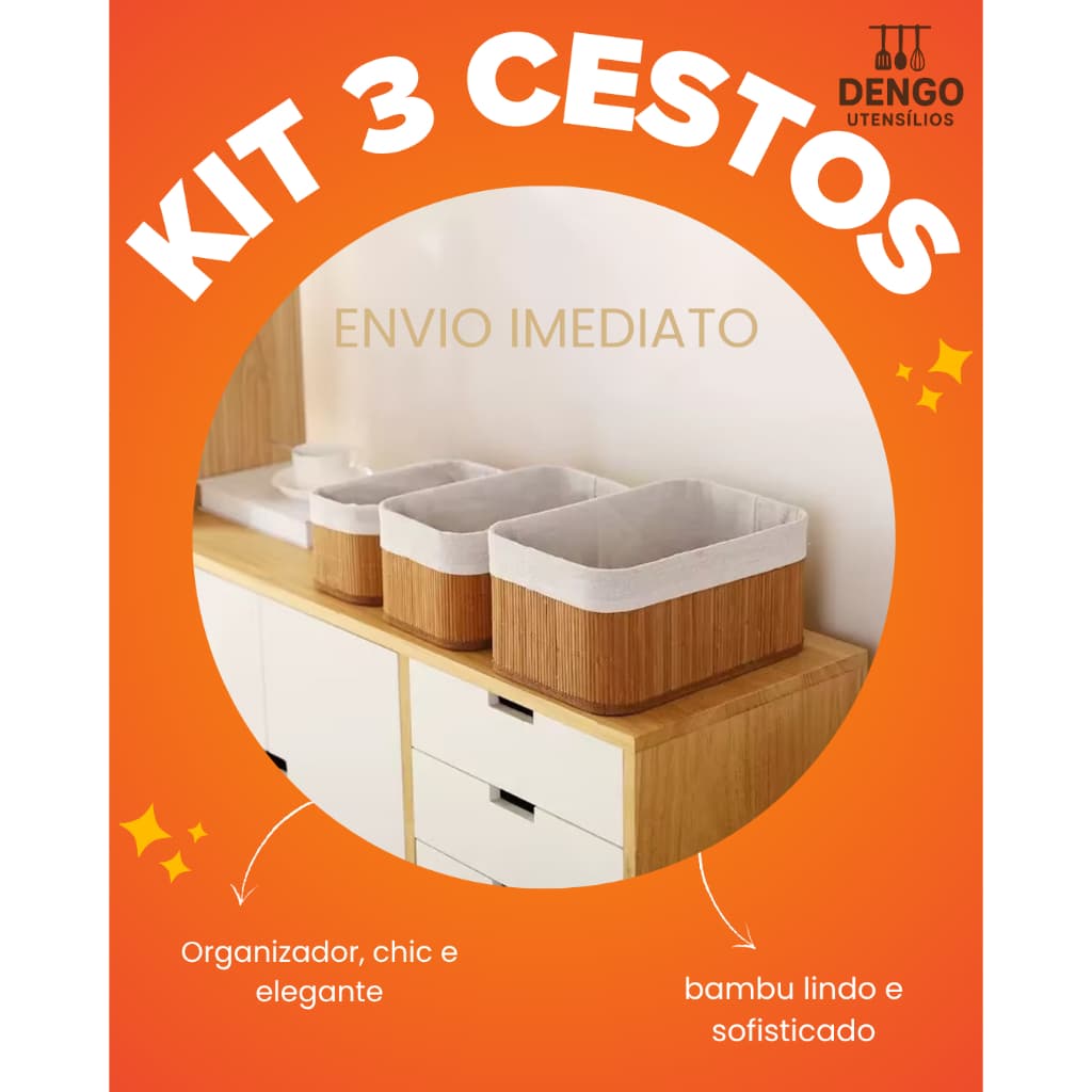 kit 3 Cestos lindos Organizadores de Bambu Multiuso Forro Organizador Objetos Quarto Roupa Banheiro