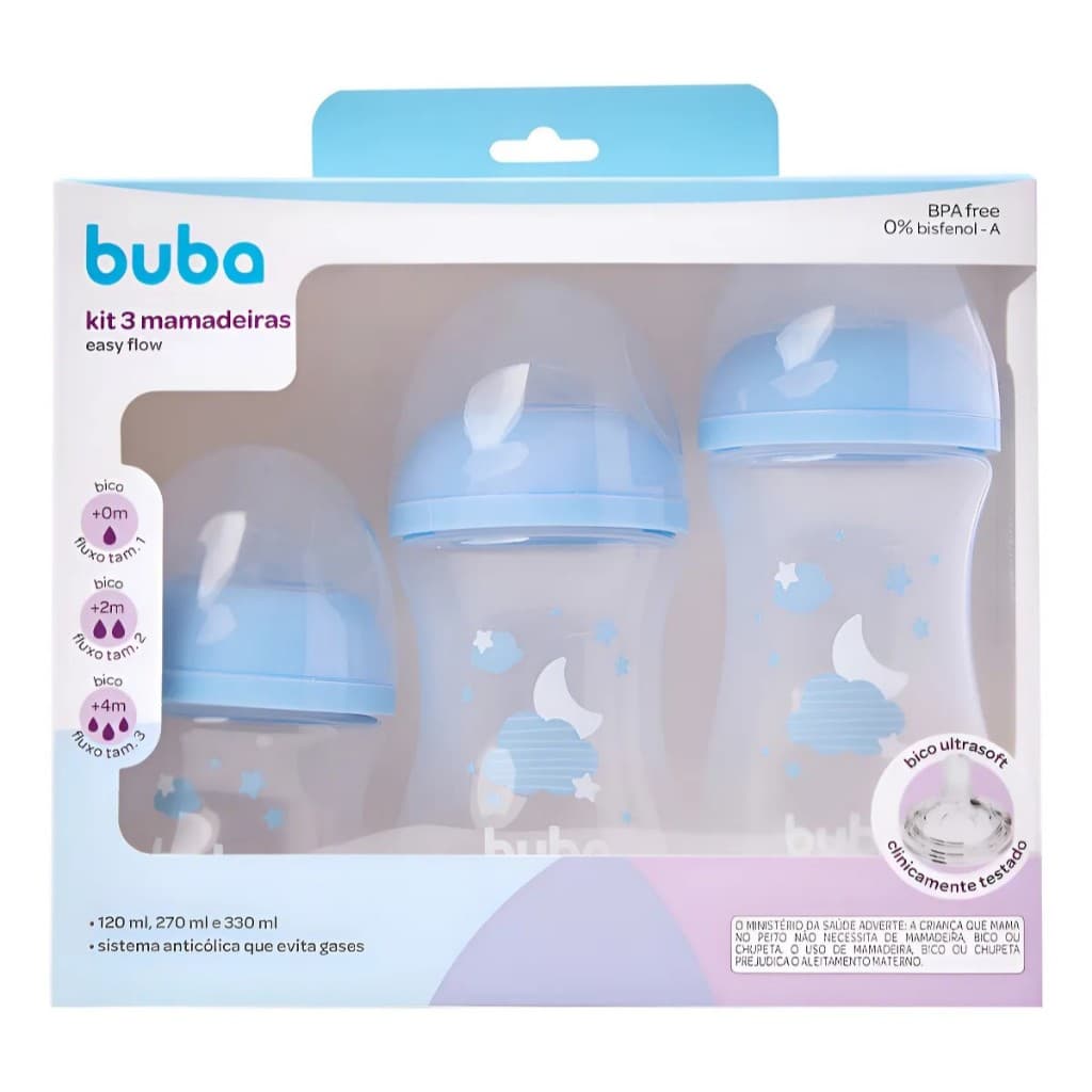 Mamadeiras Buba Kit 3 Mamadeiras Easy Flow Cor Azul X 3 Unidade