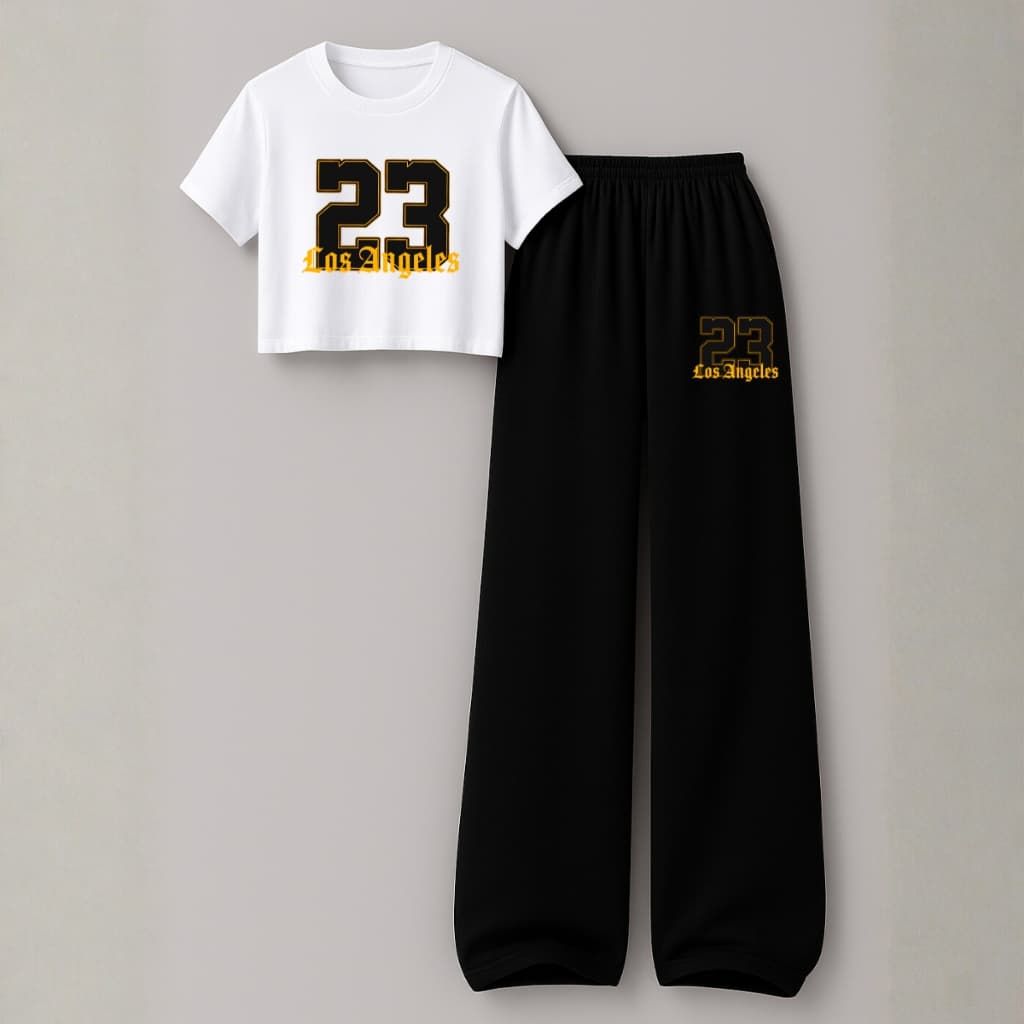Conjunto Feminino Cropped Calça Moletom Wide Streetwear 23 Los Angeles Hype Flanelado