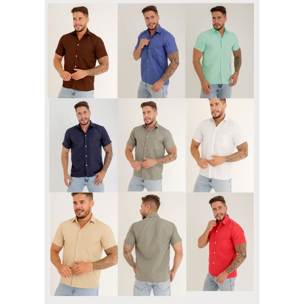 Camisa Social Manga Curta Slim Social Com Bolso Lisa Tecido Não Amarrota Promoção
