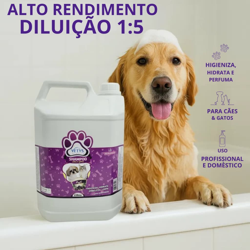Shampoo Pet de Açaí para Banho e Tosa Pet Shop Cães e Gatos - 5 Litros - Vetys - Alto rendimento 1:5